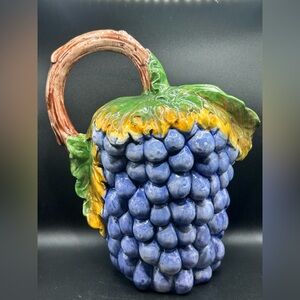 Bassano Vintage Hand Painted Ceramic Majolica Grape Pitcher Jug Pourer, Italy